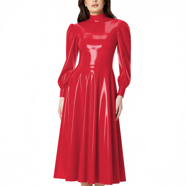 PVC Glossy Latex-look Midi Dress for Women High Neck Puff Long Sleeve Shiny Party Dress Gown Ladies Pleated Dresses Clubwear
