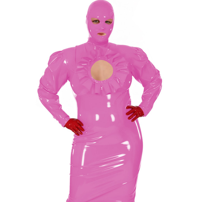 Latex-look PVC Maxi Dress for Women Glossy Long-Sleeve Bodycon Gown with Ruffle Cutout Sexy Club Party Shiny Erotic Hooded Dress