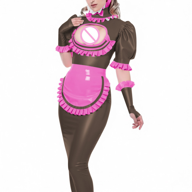 Sexy Vinyl PVC Leather Bodycon Long Maid Dress with Ruffles Collar Hollow Matching Gloves Sissy Fetish Party Cosplay Maid Outfit