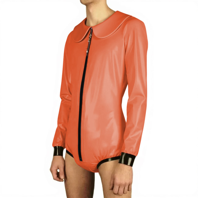 Mens Sissy Vinyl PVC Leather Babydoll Collar Bodysuit Long Sleeve Zipper Front Crossdresser Rompers Raves Party Coslay Catsuit