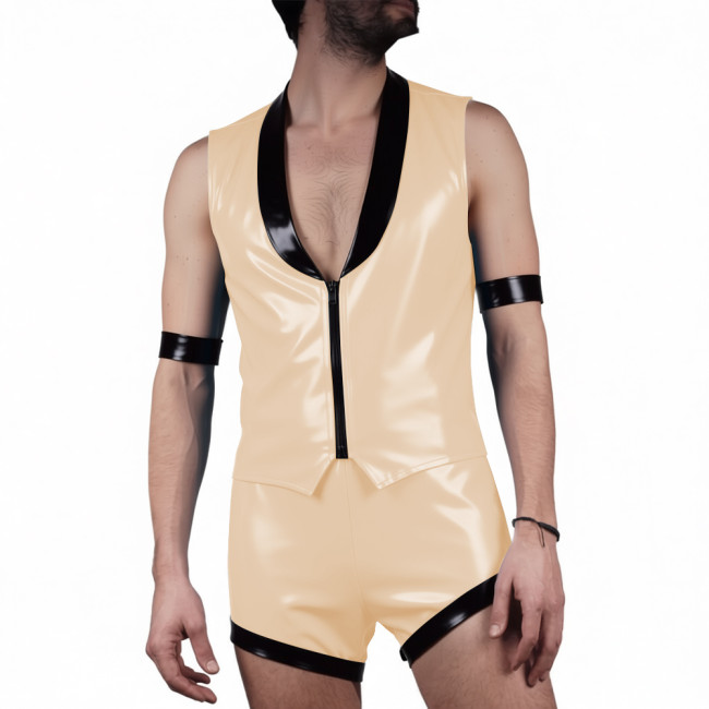 Mens Glossy PVC Leather Club Two-piece Outfit Wetlook Lapel Collar Sleeveless Jackets High Waist Shorts for Party Nightclub Wear