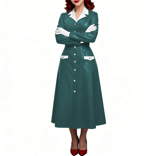 PVC Shiny Leather Single-breasted Nurse Dresses Turn-down Collar A-line Nurse Uniforms Halloween Doctor Nurse Cosplay Costume