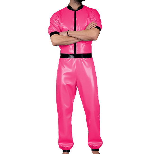 Wet Look PVC Mens Jumpsuit Glossy Leather Club Cosplay Catsuit Male Zipper Front Short Sleeve Trousers Romper Party Stage Wear