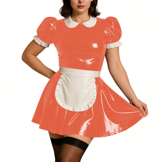 Ladies Sweet Mini Maid Dress Wetlook PVC Leather Apron Maid Uniform Halloween Party Cosplay French Butler Cook Maid Fancy Dress