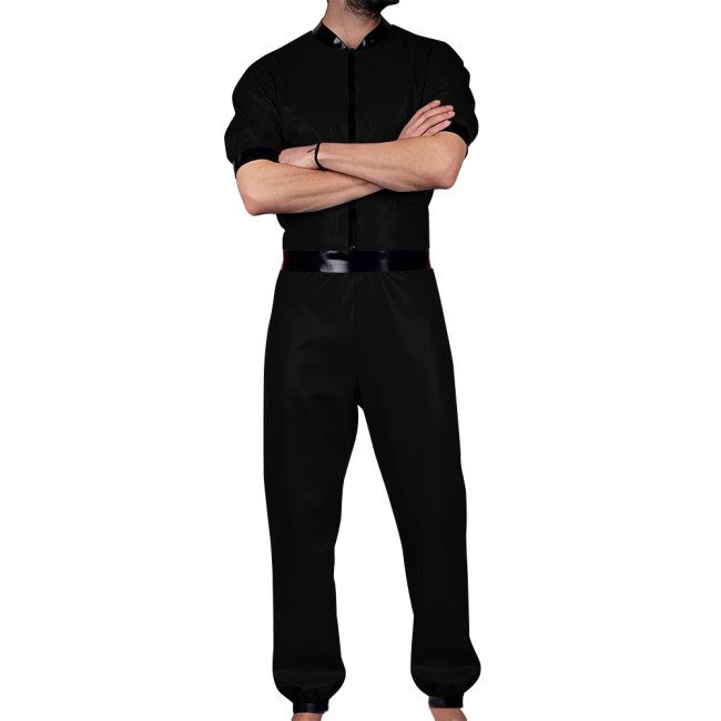 Wet Look PVC Mens Jumpsuit Glossy Leather Club Cosplay Catsuit Male Zipper Front Short Sleeve Trousers Romper Party Stage Wear
