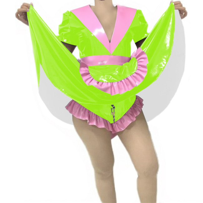 Adult Sissy Vinyl PVC Leather Skirted Bodysuit Deep V-neck Patchwork Pleated Maid Dresses Glossy Lockable Cosplay Maid Uniform