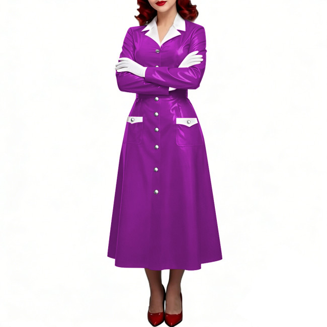 PVC Shiny Leather Single-breasted Nurse Dresses Turn-down Collar A-line Nurse Uniforms Halloween Doctor Nurse Cosplay Costume