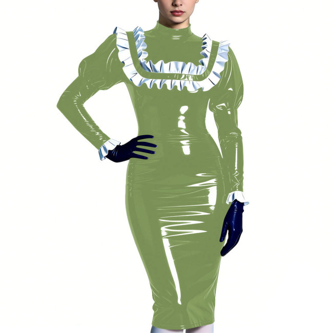 High Neck Puff Sleeve Glossy Bodycon Midi Dress Womens Ruffles Trim Sexy Club Party Dresses Shiny Fashion Fetish Outfit S-7XL
