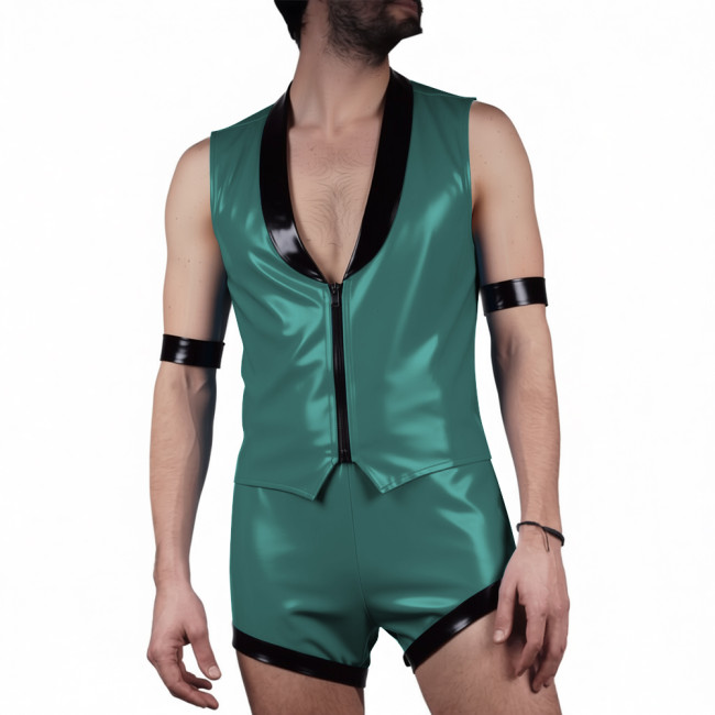 Mens Glossy PVC Leather Club Two-piece Outfit Wetlook Lapel Collar Sleeveless Jackets High Waist Shorts for Party Nightclub Wear