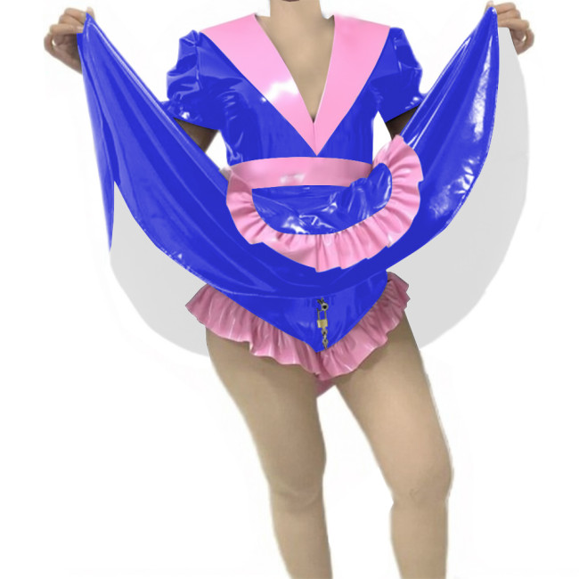 Adult Sissy Vinyl PVC Leather Skirted Bodysuit Deep V-neck Patchwork Pleated Maid Dresses Glossy Lockable Cosplay Maid Uniform