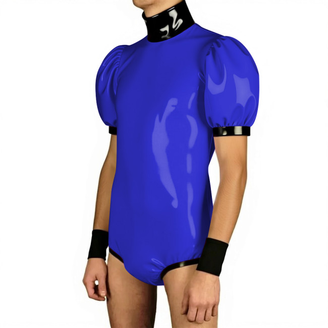 Mens Glossy Puff Sleeves PVC Bodysuit High Neck Patchwork Vinyl Leather One-piece Rompers Wetlook Male Leotard Party Clubwear