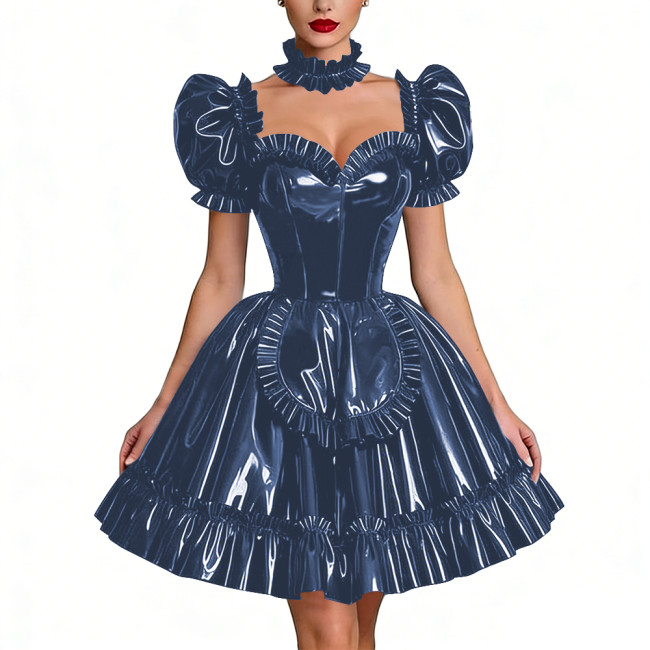 Glossy Latex-look Sissy Maid Dress French Pleated Maid Prom Dress Outfits Halloween PVC Leather Puff Sleeve Apron Party Dresses