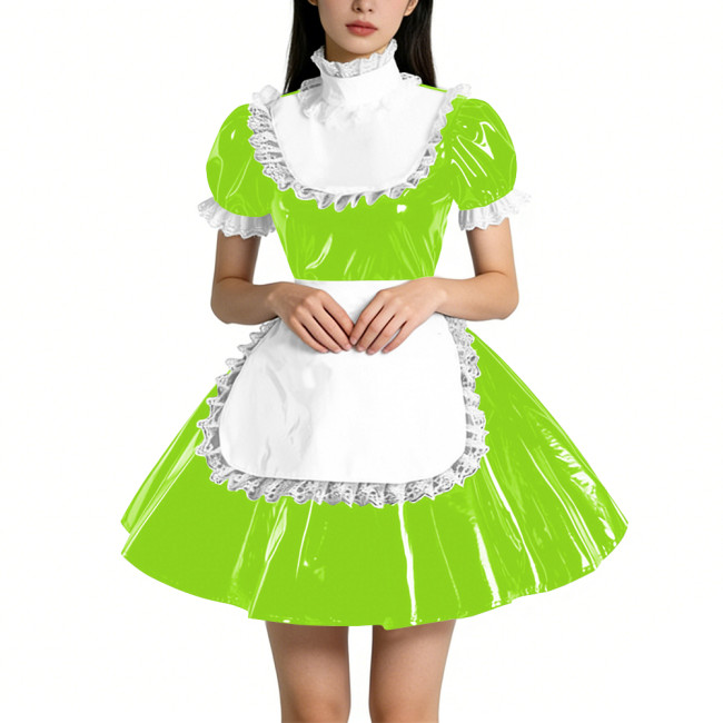 Sweet Vinyl PVC Leather Ruffles High Collar Mini Maid Dress Outfits Womens Puff Sleeve A-line Pleated Maid Uniform Crossdresser