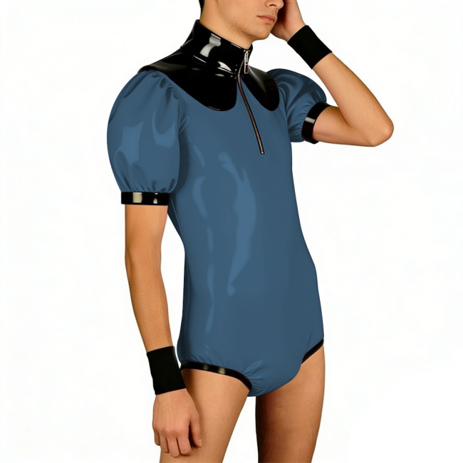 Club Glossy Latex-look Bodysuit for Men Zipper Stand Collar Puff Short Sleeve Shiny PVC Romper Fetish Patchwork Clubwear Costume
