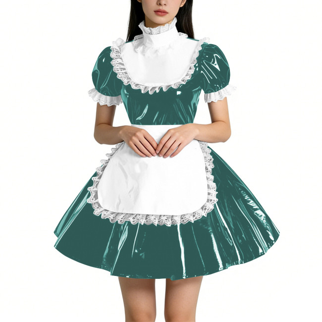 Sweet Vinyl PVC Leather Ruffles High Collar Mini Maid Dress Outfits Womens Puff Sleeve A-line Pleated Maid Uniform Crossdresser