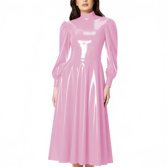 PVC Glossy Latex-look Midi Dress for Women High Neck Puff Long Sleeve Shiny Party Dress Gown Ladies Pleated Dresses Clubwear