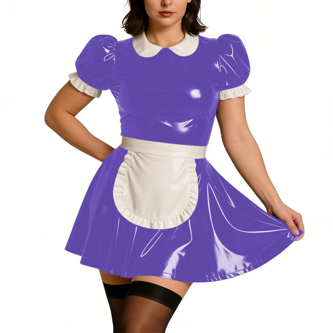 Ladies Sweet Mini Maid Dress Wetlook PVC Leather Apron Maid Uniform Halloween Party Cosplay French Butler Cook Maid Fancy Dress