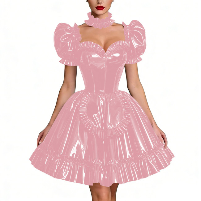 Glossy Latex-look Sissy Maid Dress French Pleated Maid Prom Dress Outfits Halloween PVC Leather Puff Sleeve Apron Party Dresses