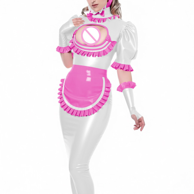 Sexy Vinyl PVC Leather Bodycon Long Maid Dress with Ruffles Collar Hollow Matching Gloves Sissy Fetish Party Cosplay Maid Outfit