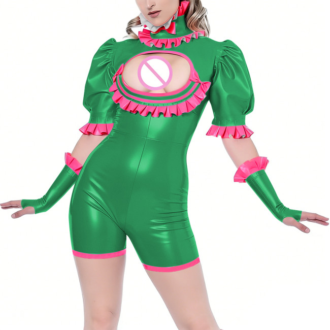 Sissy Sexy PVC Shiny Leather Bodysuit Sets Adult Ruffles Collar Exotic Hollow Romper with Gloves Wetlook Nightclub Stage Outfit