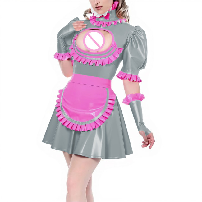 Sissy Puff Short Sleeve Pleated A-line Maid Dress with Ruffles Apron Gloves Latex-look PVC Leather Party Cosplay Maid Uniforms