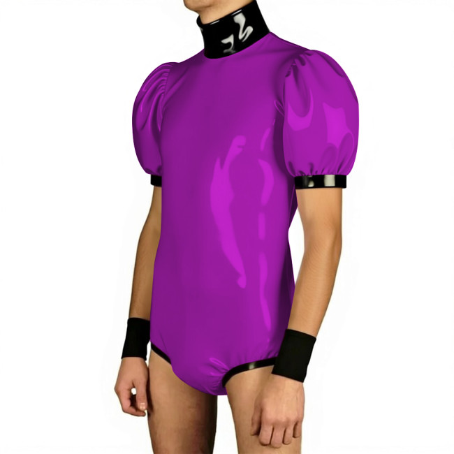 Mens Glossy Puff Sleeves PVC Bodysuit High Neck Patchwork Vinyl Leather One-piece Rompers Wetlook Male Leotard Party Clubwear