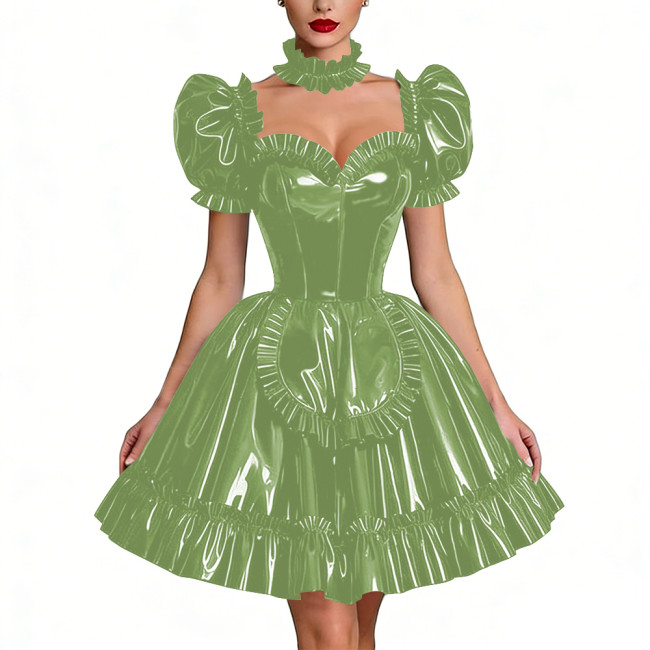 Glossy Latex-look Sissy Maid Dress French Pleated Maid Prom Dress Outfits Halloween PVC Leather Puff Sleeve Apron Party Dresses