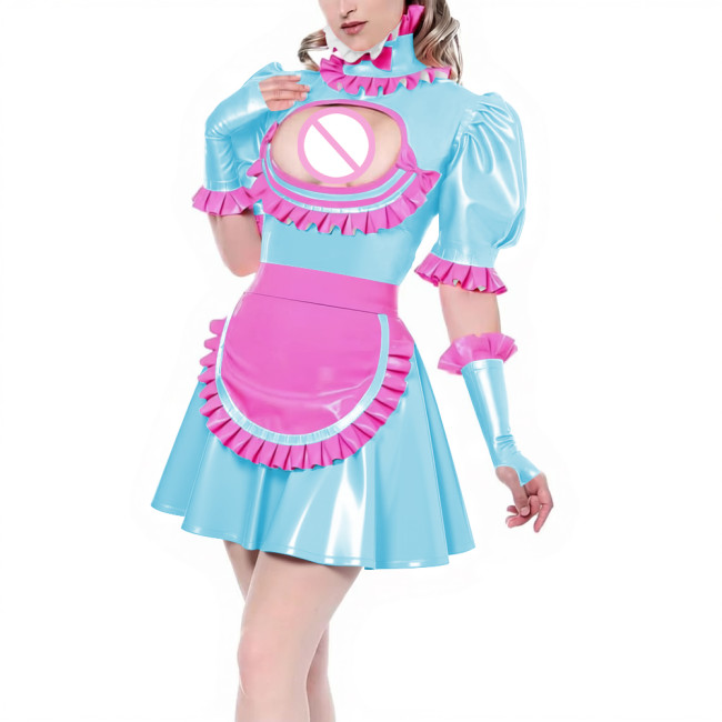 Sissy Puff Short Sleeve Pleated A-line Maid Dress with Ruffles Apron Gloves Latex-look PVC Leather Party Cosplay Maid Uniforms