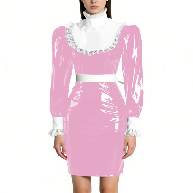 Womens Elegant Maid Pencil Dress Ruffles Collar PVC Shiny Slim Dress for Waiter Party Cosplay Costume Sissy Wetlook Maid Outfits