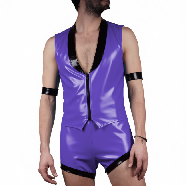 Mens Glossy PVC Leather Club Two-piece Outfit Wetlook Lapel Collar Sleeveless Jackets High Waist Shorts for Party Nightclub Wear