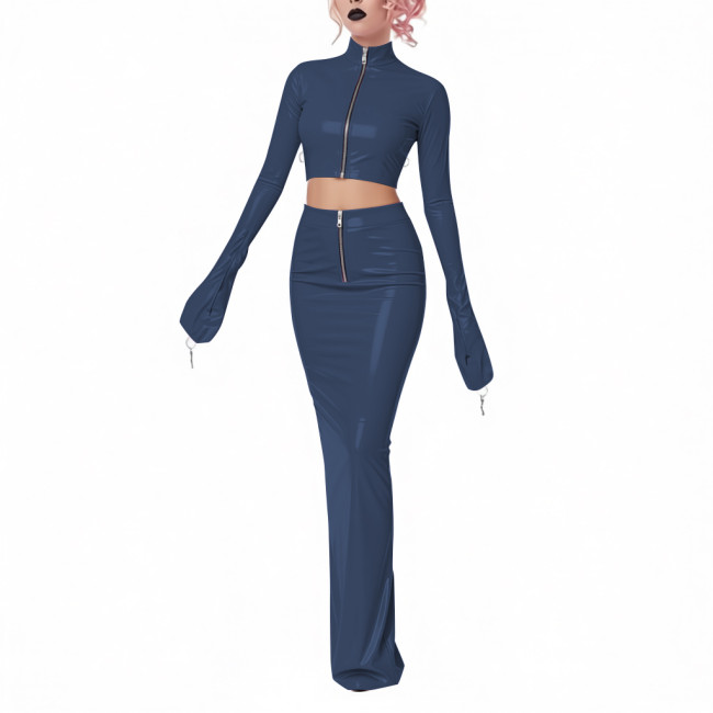 Exotic Shiny Latex-look 2-Piece Set PVC Leather Zipper Full Sleeve Crop Jacket High-Waisted Maxi Skirt Womens Club Party Outfit