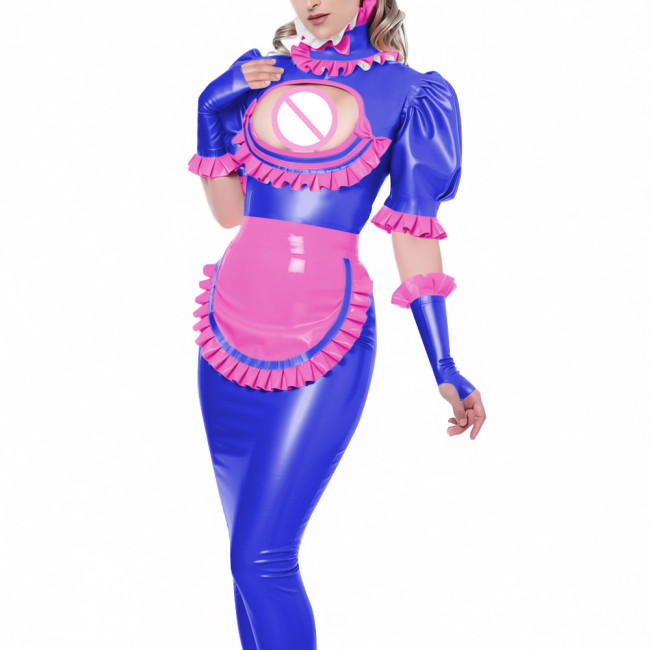 Sexy Vinyl PVC Leather Bodycon Long Maid Dress with Ruffles Collar Hollow Matching Gloves Sissy Fetish Party Cosplay Maid Outfit