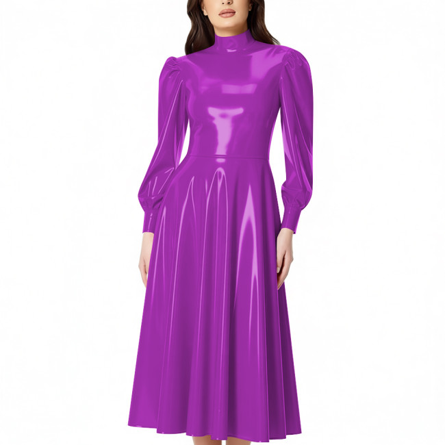 PVC Glossy Latex-look Midi Dress for Women High Neck Puff Long Sleeve Shiny Party Dress Gown Ladies Pleated Dresses Clubwear