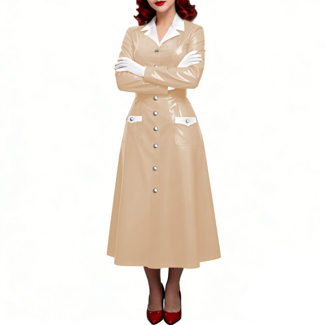 PVC Shiny Leather Single-breasted Nurse Dresses Turn-down Collar A-line Nurse Uniforms Halloween Doctor Nurse Cosplay Costume