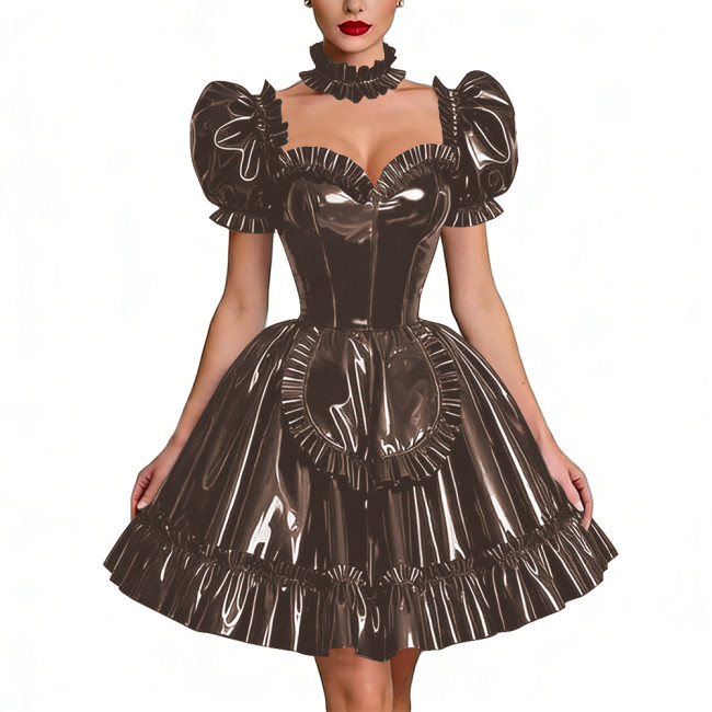 Glossy Latex-look Sissy Maid Dress French Pleated Maid Prom Dress Outfits Halloween PVC Leather Puff Sleeve Apron Party Dresses