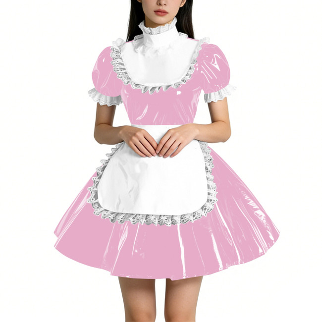 Sweet Vinyl PVC Leather Ruffles High Collar Mini Maid Dress Outfits Womens Puff Sleeve A-line Pleated Maid Uniform Crossdresser