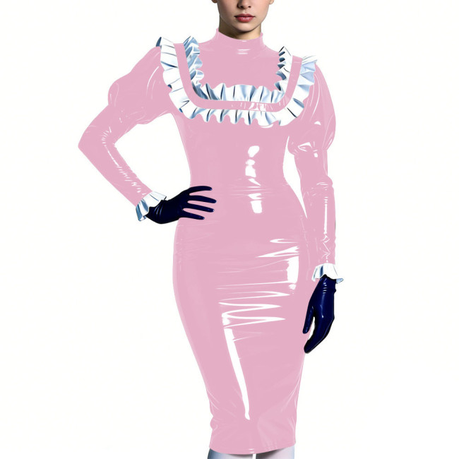 High Neck Puff Sleeve Glossy Bodycon Midi Dress Womens Ruffles Trim Sexy Club Party Dresses Shiny Fashion Fetish Outfit S-7XL