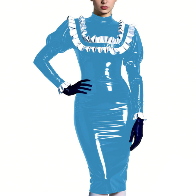 High Neck Puff Sleeve Glossy Bodycon Midi Dress Womens Ruffles Trim Sexy Club Party Dresses Shiny Fashion Fetish Outfit S-7XL