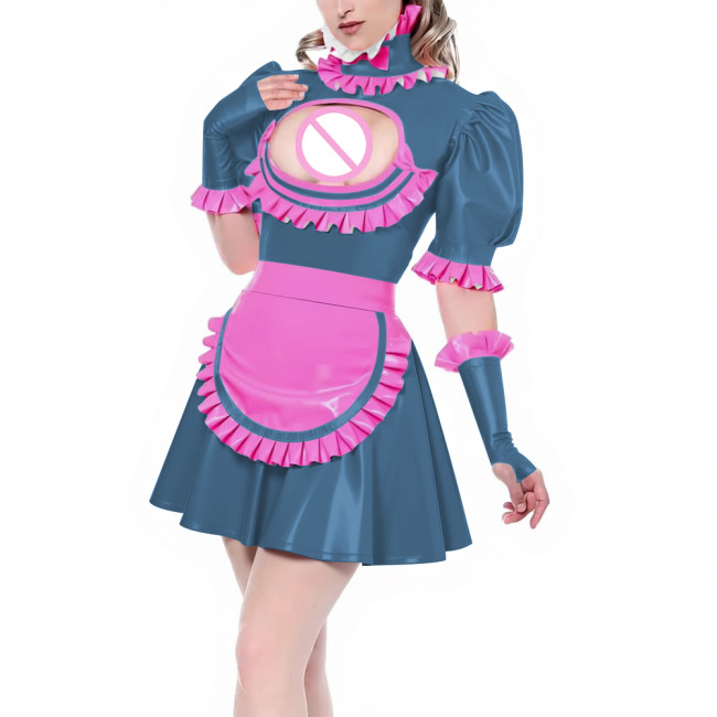 Sissy Puff Short Sleeve Pleated A-line Maid Dress with Ruffles Apron Gloves Latex-look PVC Leather Party Cosplay Maid Uniforms