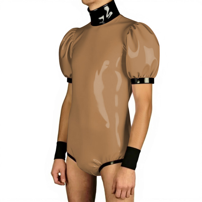 Mens Glossy Puff Sleeves PVC Bodysuit High Neck Patchwork Vinyl Leather One-piece Rompers Wetlook Male Leotard Party Clubwear
