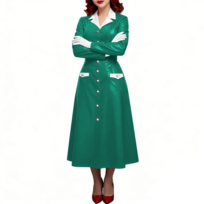 PVC Shiny Leather Single-breasted Nurse Dresses Turn-down Collar A-line Nurse Uniforms Halloween Doctor Nurse Cosplay Costume