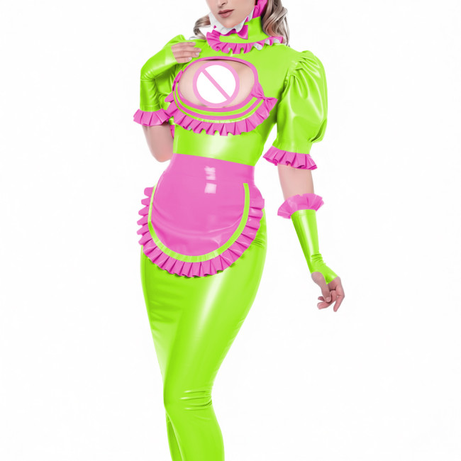Sexy Vinyl PVC Leather Bodycon Long Maid Dress with Ruffles Collar Hollow Matching Gloves Sissy Fetish Party Cosplay Maid Outfit