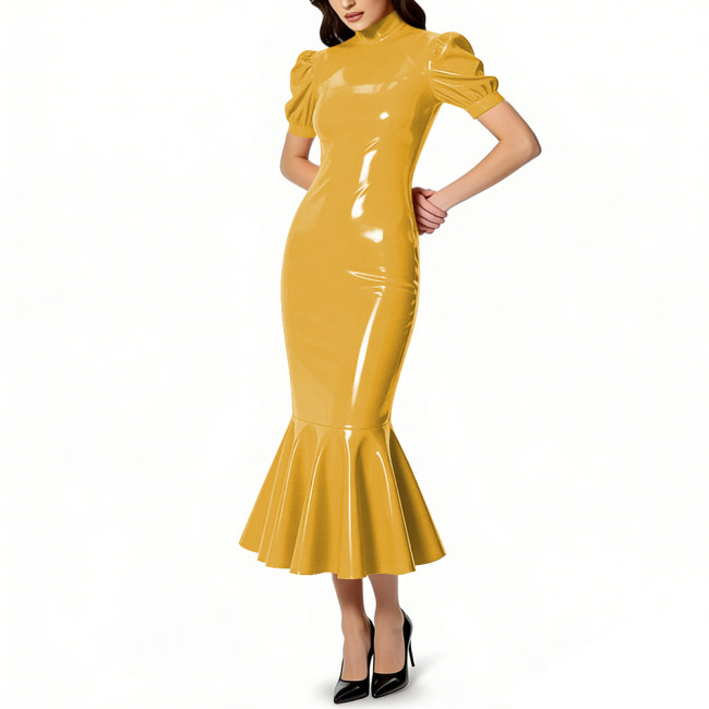 Glossy PVC Leather Turtleneck Midi Mermaid Dress for Womens Shiny Elegant Party Formal Flared Hem Dresses Gown Female Vestidos