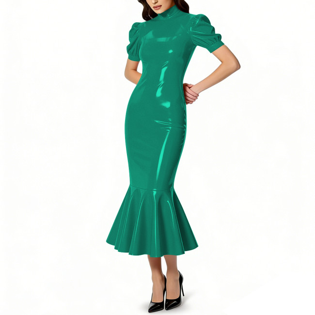 Glossy PVC Leather Turtleneck Midi Mermaid Dress for Womens Shiny Elegant Party Formal Flared Hem Dresses Gown Female Vestidos
