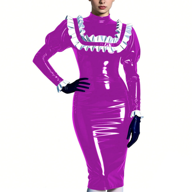 High Neck Puff Sleeve Glossy Bodycon Midi Dress Womens Ruffles Trim Sexy Club Party Dresses Shiny Fashion Fetish Outfit S-7XL