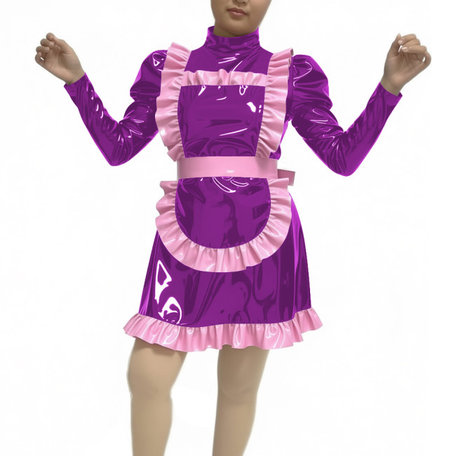 Adult Women Sexy PVC Faux Leather Maid Uniform Wetlook Long Sleeve A-line Maid Outfit Halloween Cosplay Party Fancy Maid Costume