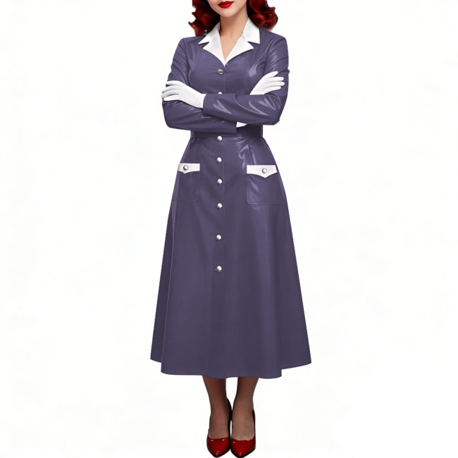 PVC Shiny Leather Single-breasted Nurse Dresses Turn-down Collar A-line Nurse Uniforms Halloween Doctor Nurse Cosplay Costume