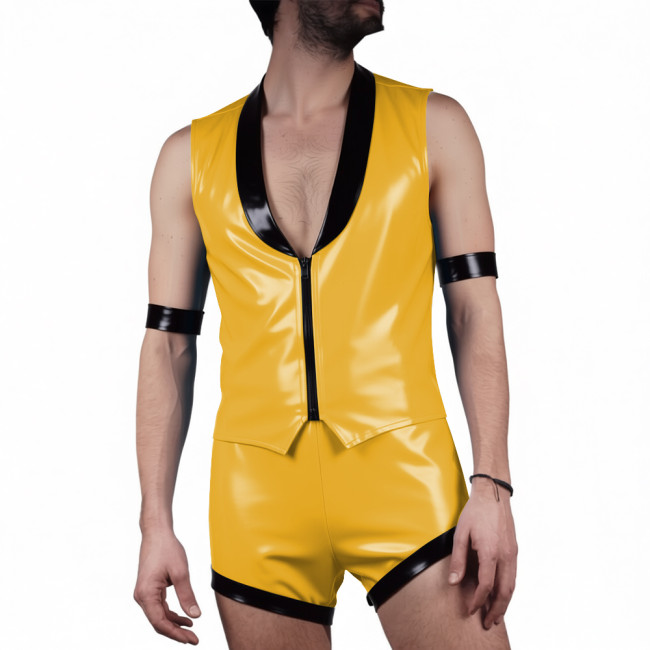 Mens Glossy PVC Leather Club Two-piece Outfit Wetlook Lapel Collar Sleeveless Jackets High Waist Shorts for Party Nightclub Wear