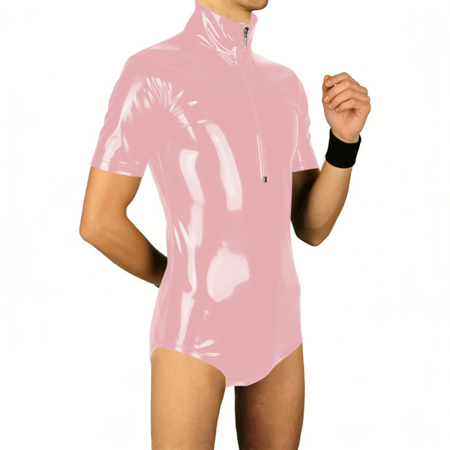 Mens Latex-look PVC Leather Bodysuit Solid Color Short Sleeve Glossy Male Rompers Wetlook Clubwear Fetish Party Cosplay Leotard