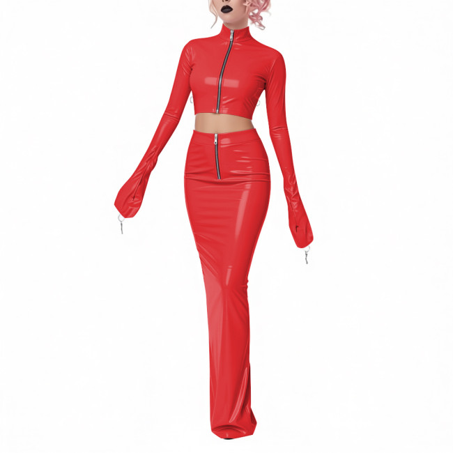 Exotic Shiny Latex-look 2-Piece Set PVC Leather Zipper Full Sleeve Crop Jacket High-Waisted Maxi Skirt Womens Club Party Outfit